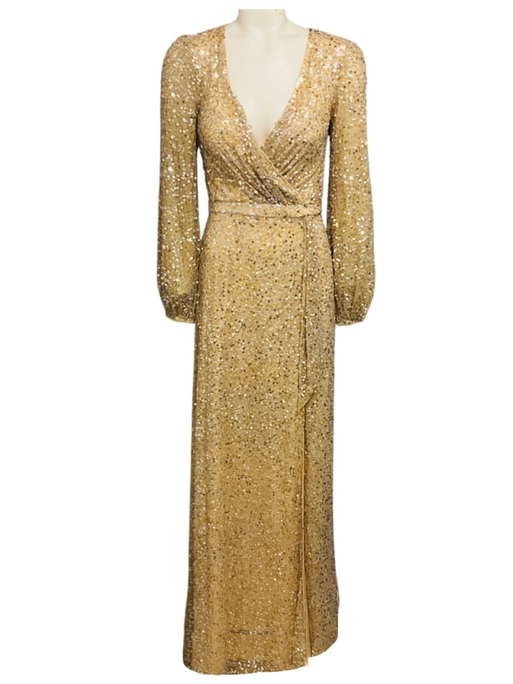 MAC DUGGAL CHAMPAGNE METALLIC SEQUINED GOWN / FORMAL DRESS